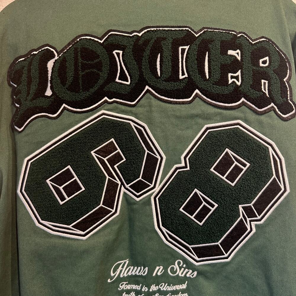 Loiter Size Medium Varsity Jacket Green White "Flaws n Sins" 98 patches - Picture 11 of 12